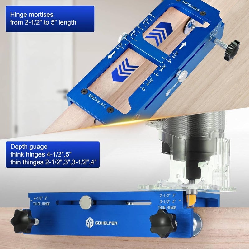 Gohelper Door Hinge Jig, Aluminum Alloy Door Hinge Template Kit for Router, Adjustable Mortise Jig Fits Door Hinges from 2.5" to 5" Length, 1/4" Radius, 5/8" Radius and Square Corner Types, Not on Door Jambs - Image 5